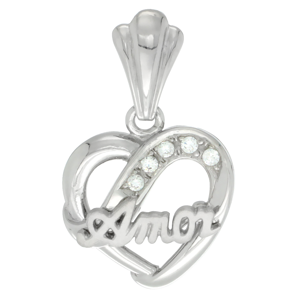 Sterling Silver AMOR Heart Pendant CZ Stones Rhodium Finished, 5/8 inch long