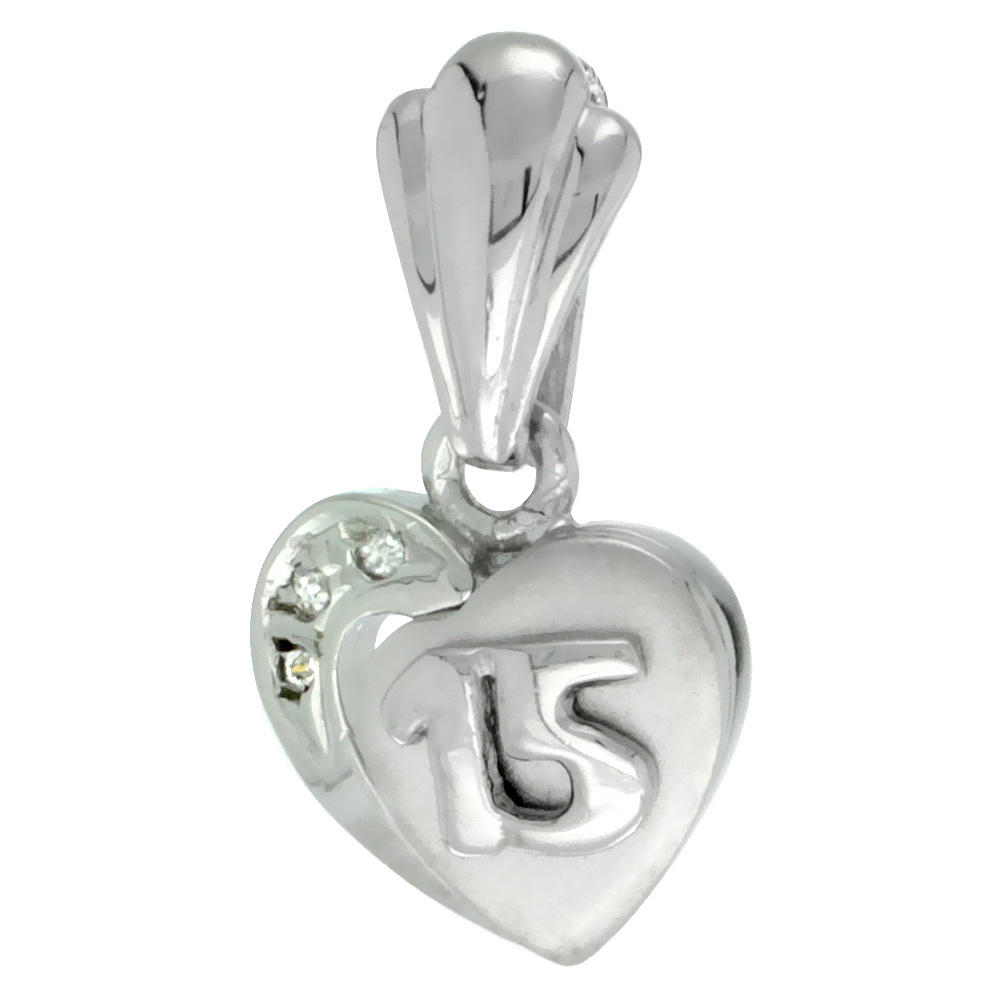 Sterling Silver Quinceanera 15 Anos Heart Pendant CZ Stones Rhodium Finished, 15/32 inch long