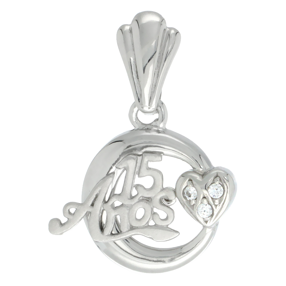 Sterling Silver Quinceanera 15 Anos Heart Pendant CZ Stones Rhodium Finished, 11/16 inch long