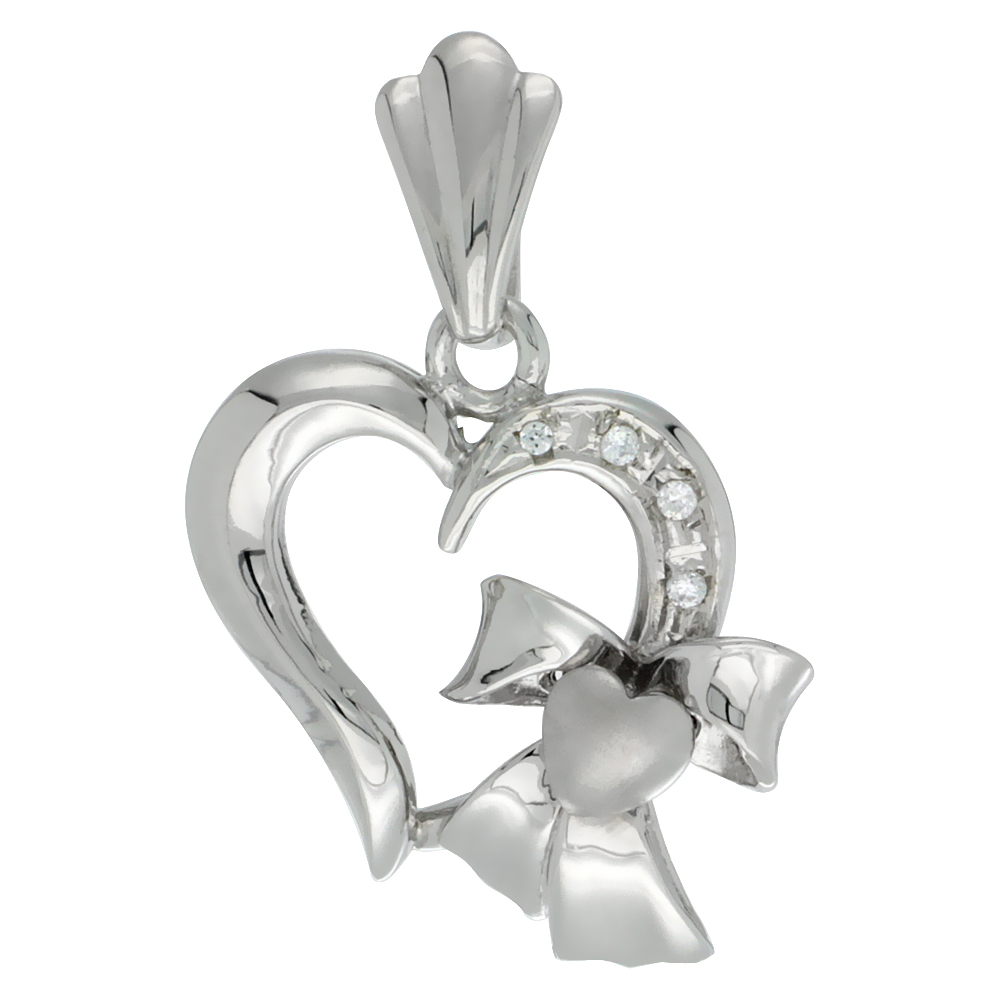 Sterling Silver Heart Bow Heart Pendant CZ Stones Rhodium Finished, 13/16 inch long