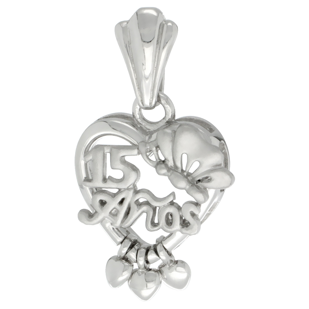 Sterling Silver Quinceanera 15 Anos Butterfly Triple Hearts Pendant Rhodium Finished, 25/32 inch long