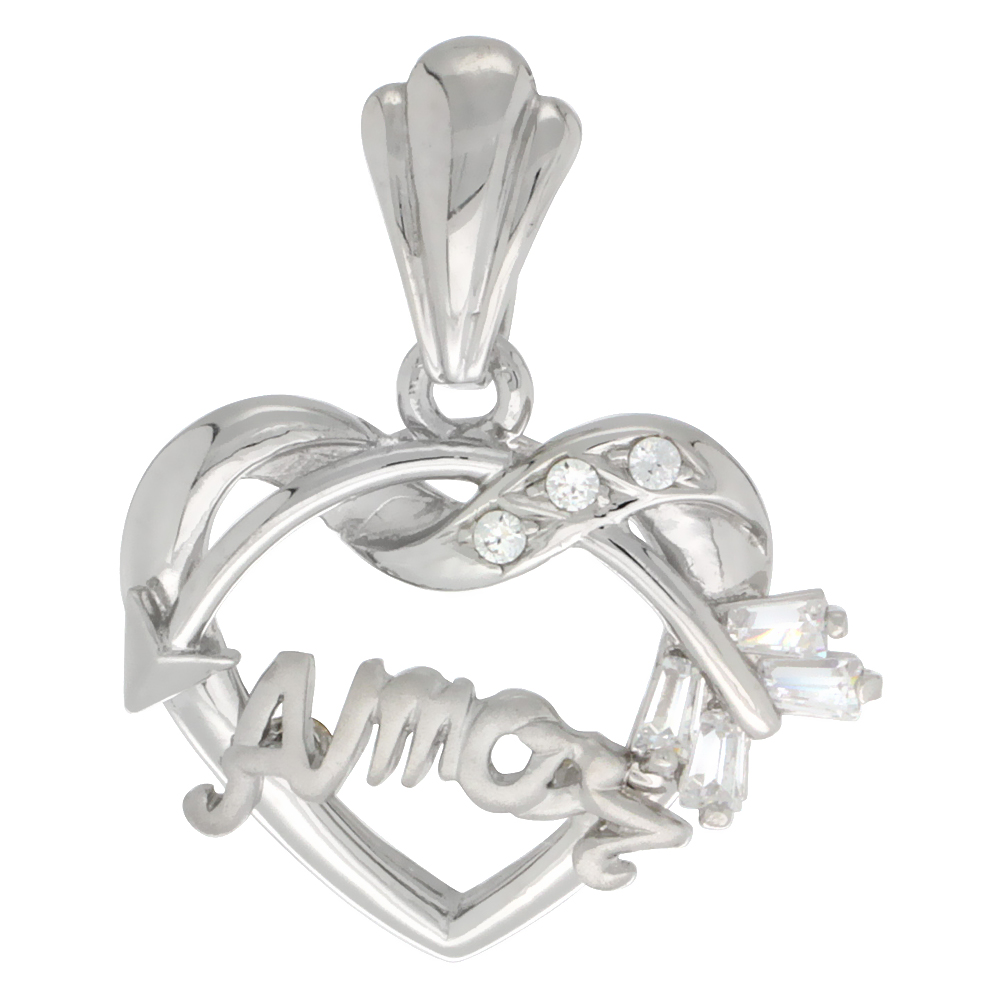 Sterling Silver AMOR Cupid&#039;s Bow Pendant CZ Stones Rhodium Finished, 3/4 inch long