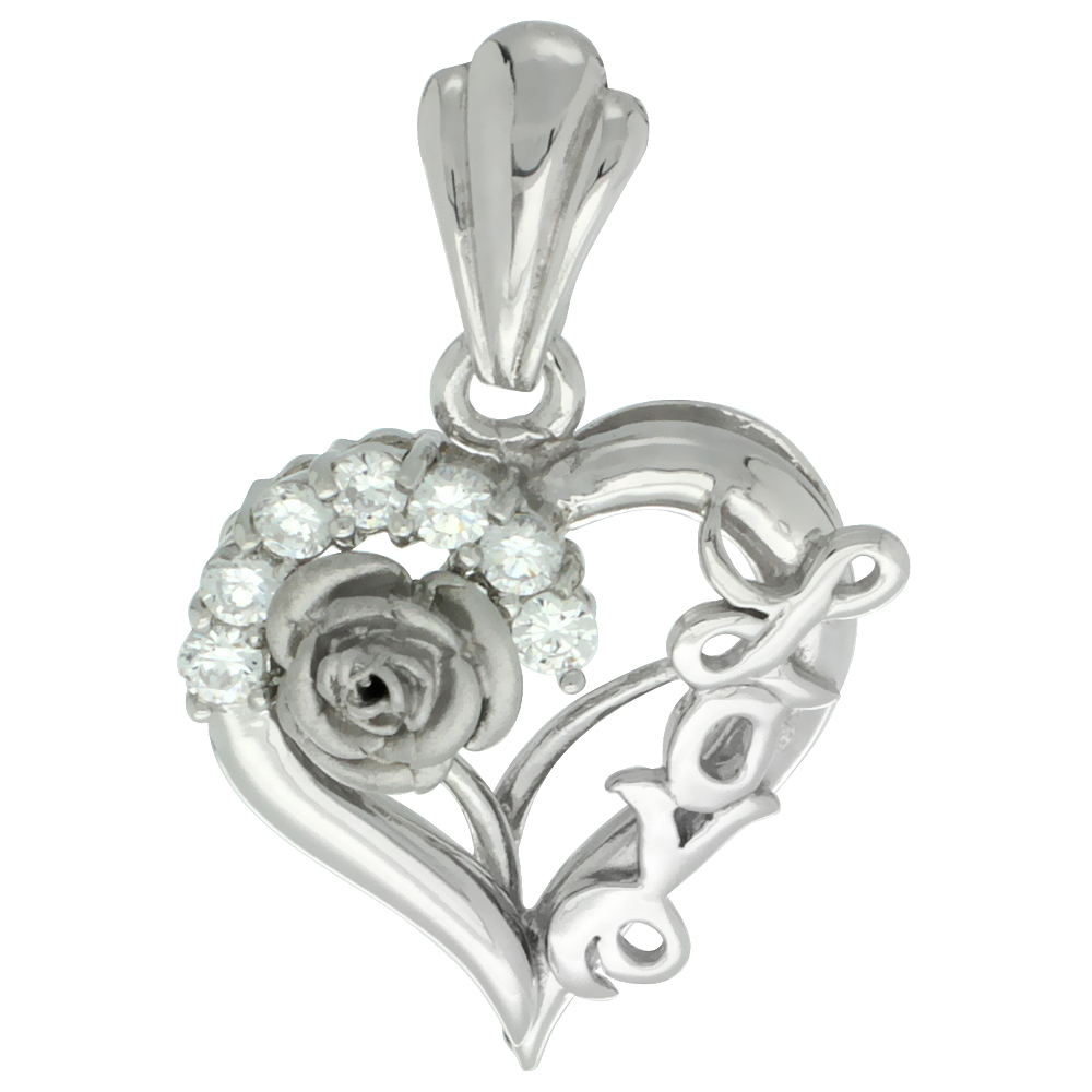 Sterling Silver LOVE Rose Heart Pendant CZ Stones Rhodium Finished, 13/16 inch long