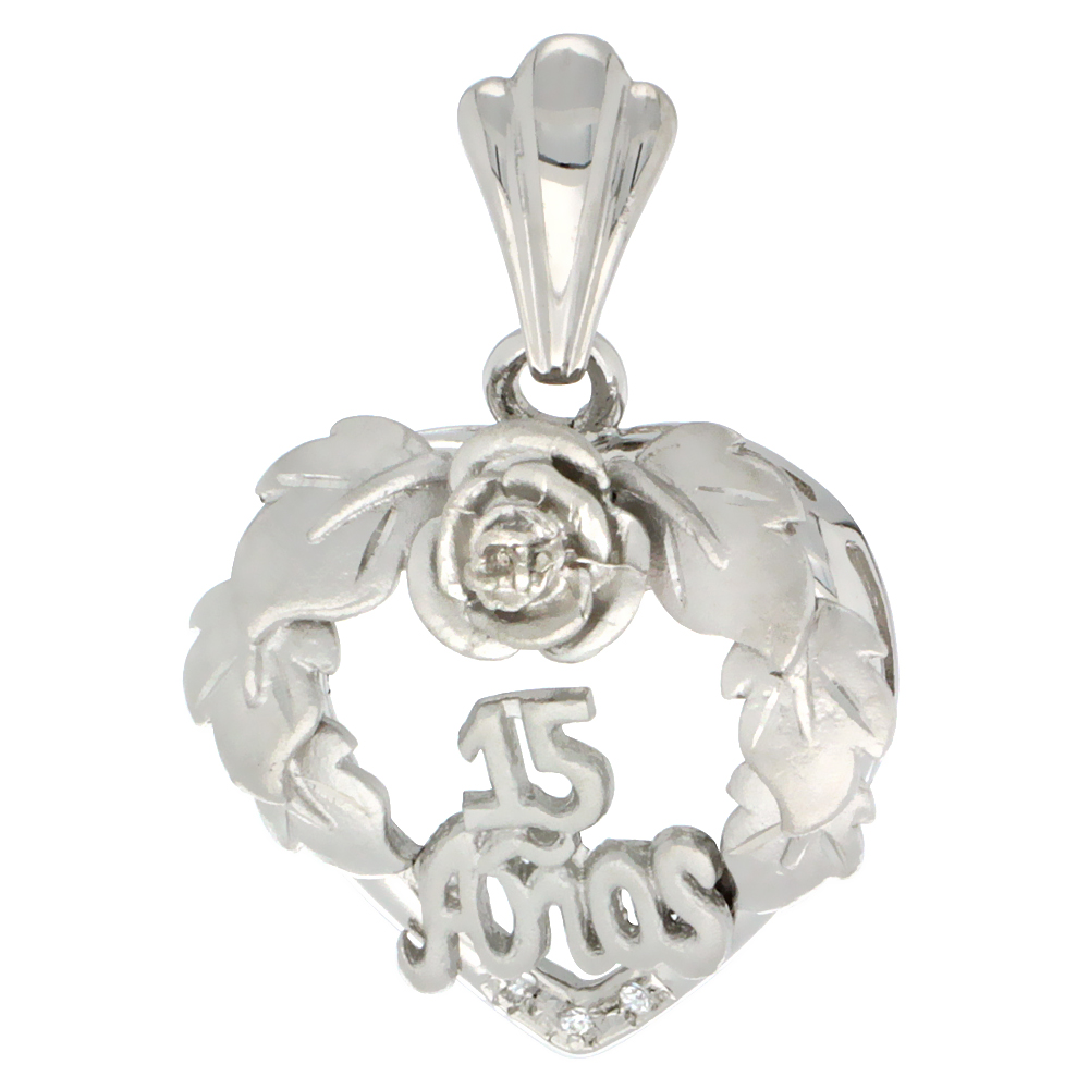 Sterling Silver Quinceanera 15 Anos Heart Wreath Pendant CZ Stones Rhodium Finished, 13/16 inch long