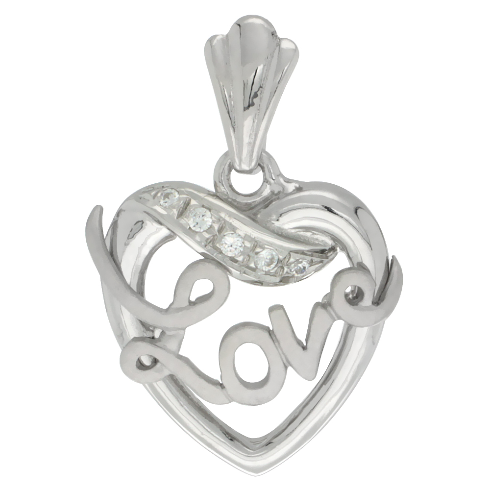 Sterling Silver LOVE Ribbon Pendant CZ Stones Rhodium Finished, 25/32 inch long