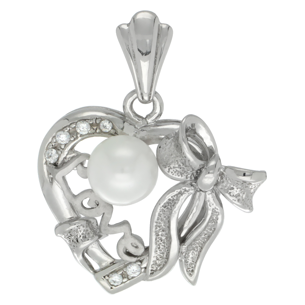 Sterling Silver Heart LOVE Bow Faux Pearl Pendant CZ Stones Rhodium Finished, 7/8 inch long