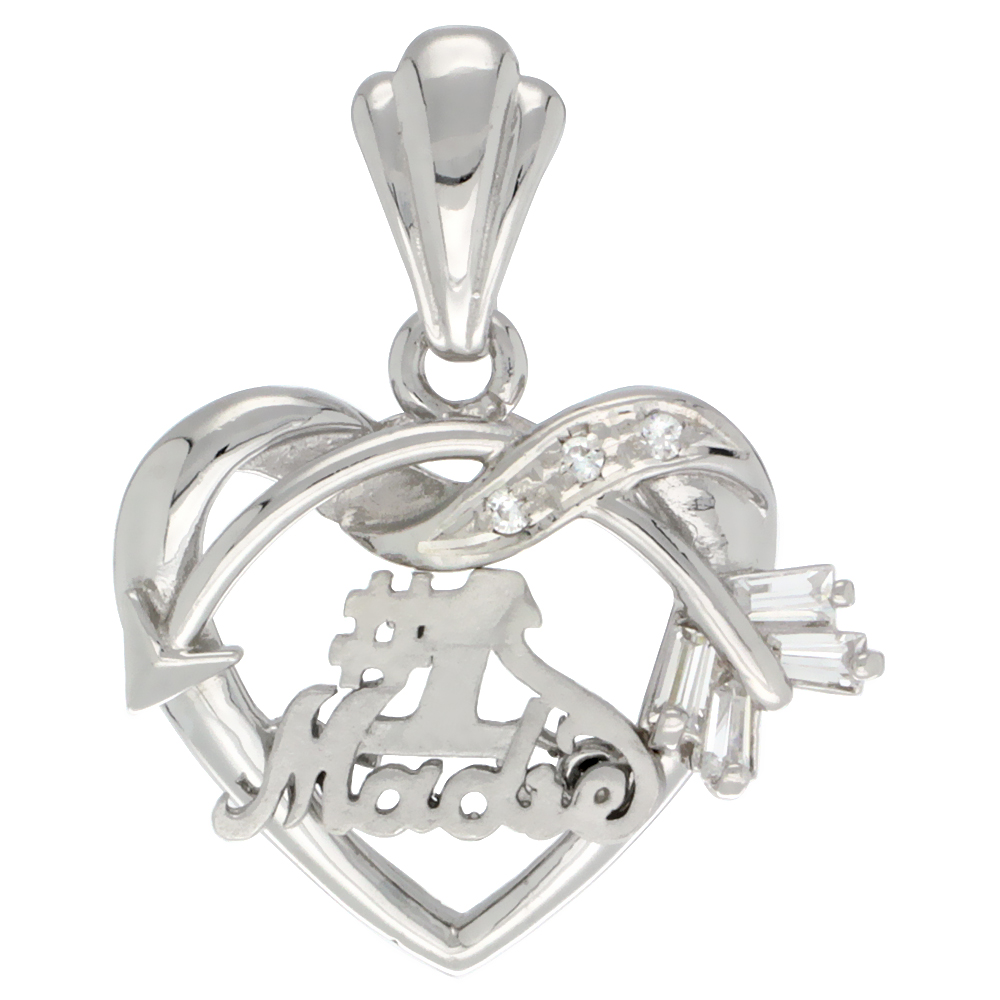 Sterling Silver #1 Madre Cupid&#039;s Bow Heart Pendant CZ Stones Rhodium Finished, 3/4 inch long