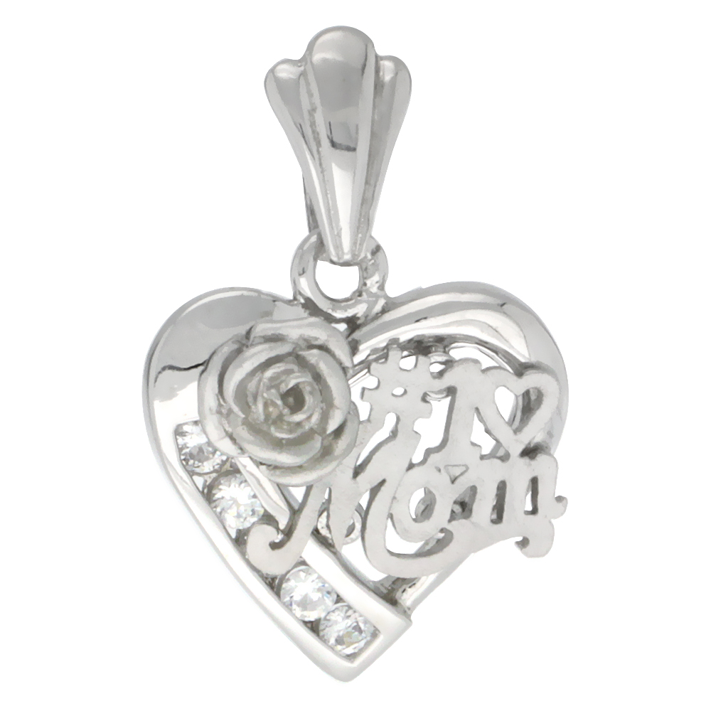 Sterling Silver #1 MOM Heart Love Pendant CZ Stones Rhodium Finished, 3/4 inch long