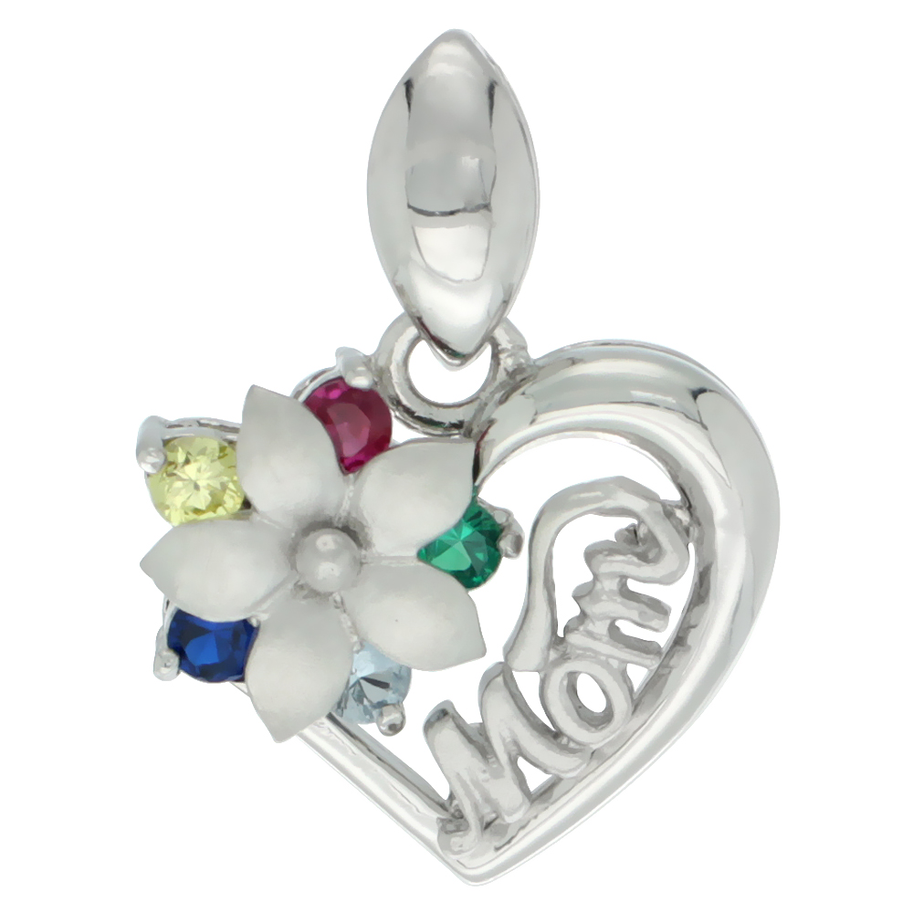 Sterling Silver MOM Flower CZ Heart Pendant Rhodium Finished, 9/16 inch long