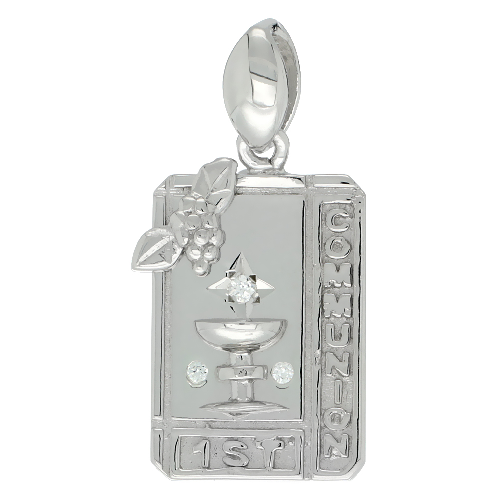 Sterling Silver 1ST COMMUNION Chalice Rectangular CZ Medal, 7/8 inch long