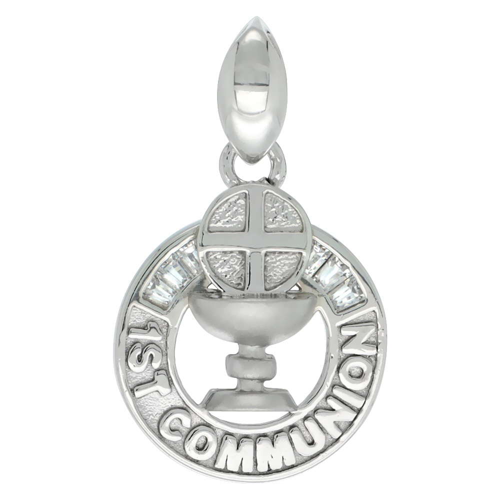 Sterling Silver 1st COMMUNION Chalice and Cross Round CZ Pendant, 3/4 inch long