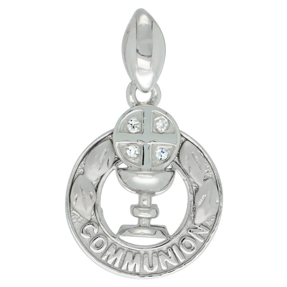 Sterling Silver COMMUNION Wreath Chalice and Cross Round CZ Pendant, 25/32 inch long