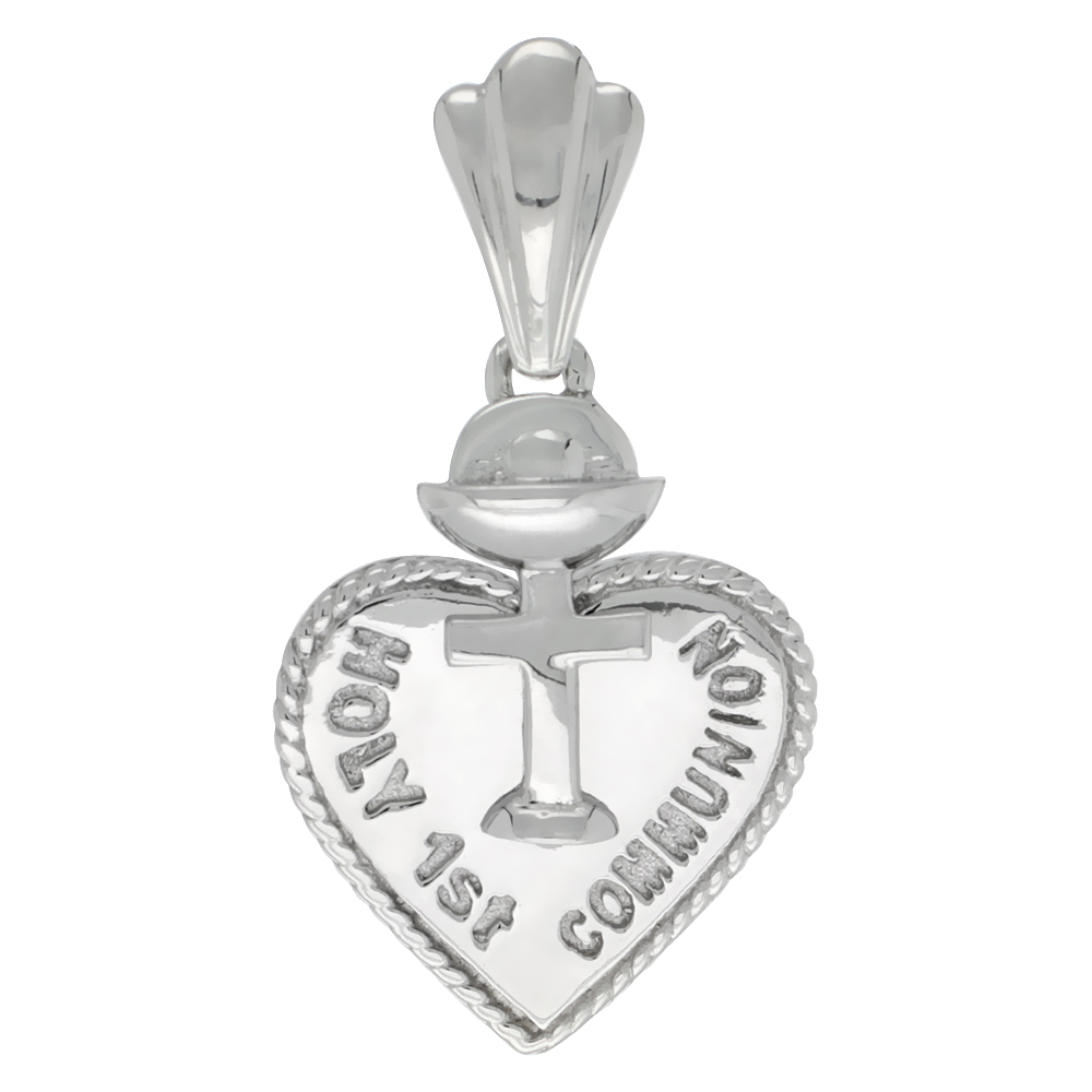 Sterling Silver HOLY 1st COMMUNION Cross Heart Medal, 25/32 inch long