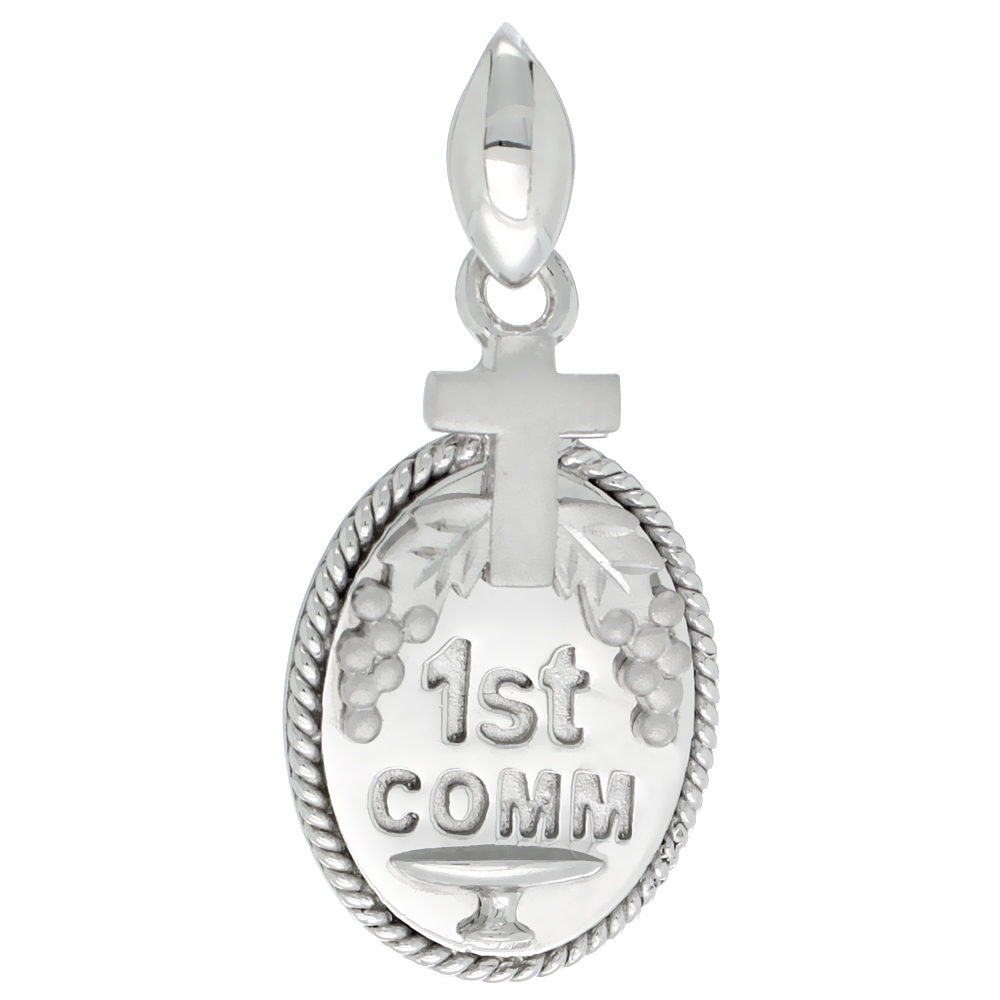 Sterling Silver 1st COMM Cross Grapes Oval Medal, 7/8 inch long