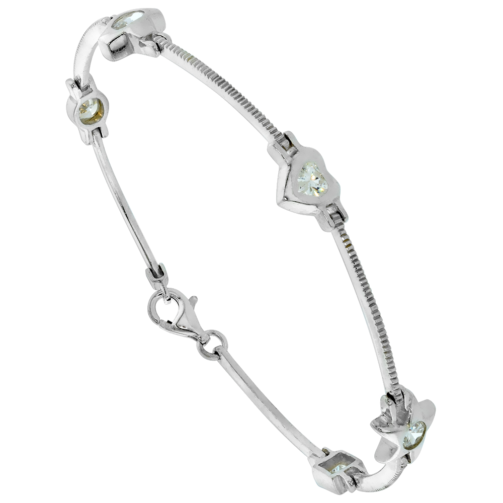 Sterling Silver Cubic Zirconia Cross Star Heart Station Bracelet for Women 7.5 inch