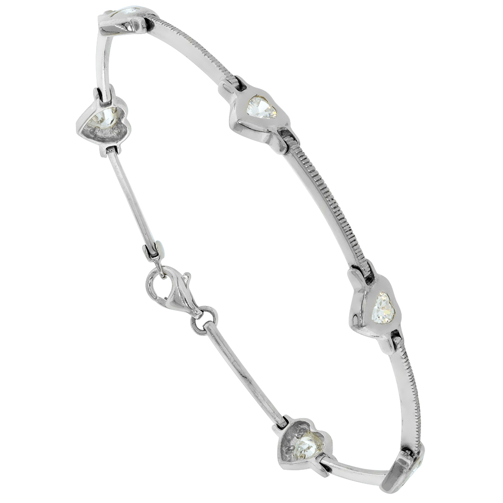 Sterling Silver Cubic Zirconia Heart Station Bracelet for Women 7.5 inch