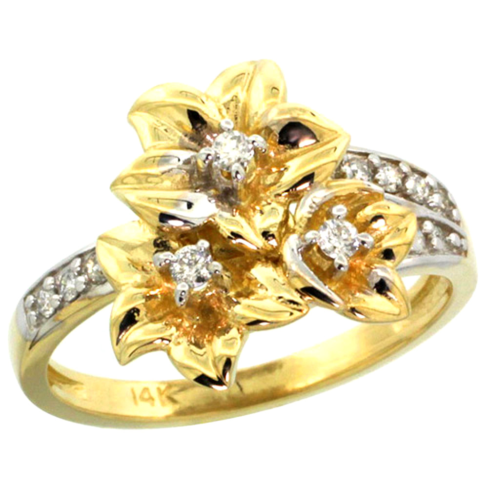 10K Yellow Gold Triple Plumeria Flower Ring with Diamond 0.27cttw, 5/8 inch wide