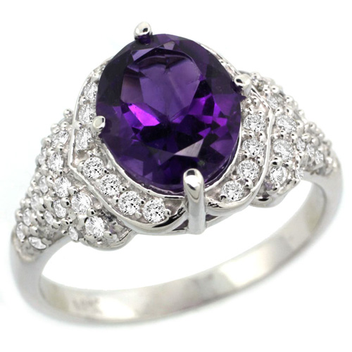 14k White Gold Natural Amethyst Ring Diamond Halo Oval 10x8mm, 1/2 inch wide, size 5