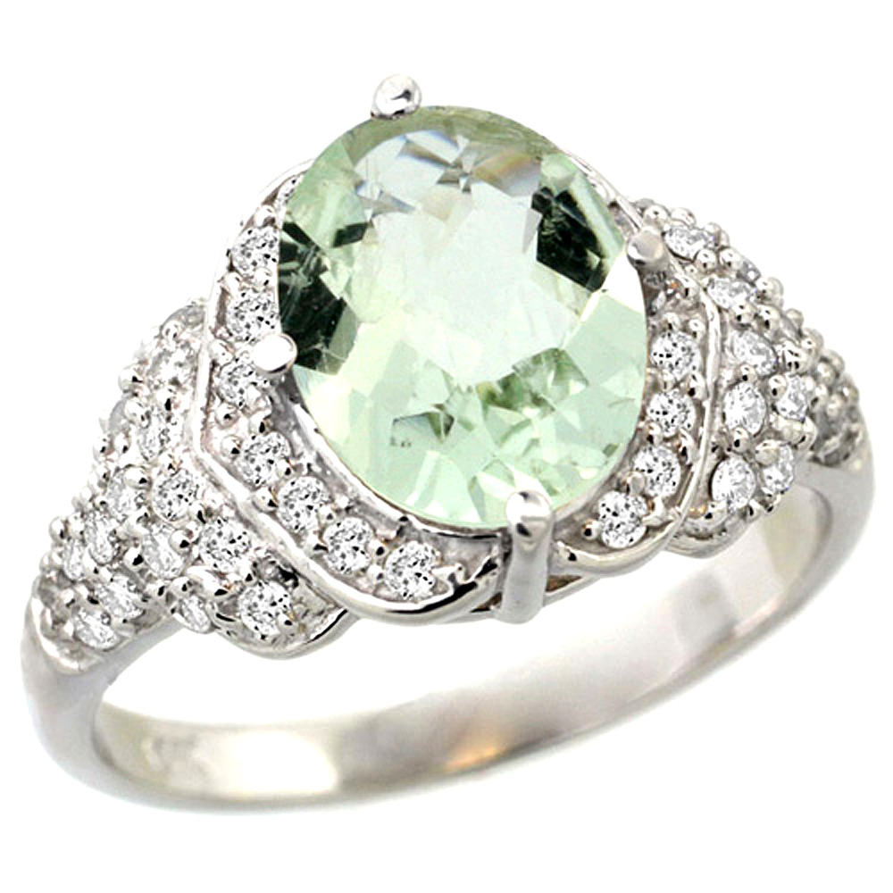 14K WHITE GOLD NATURAL GREEN AMETHYST RING DIAMOND HALO OVAL 10X8MM, 1/2 INCH WIDE, SIZE 5