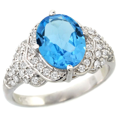 14k White Gold Natural Swiss Blue Topaz Ring Diamond Halo Oval 10x8mm, 1/2 inch wide, size 5