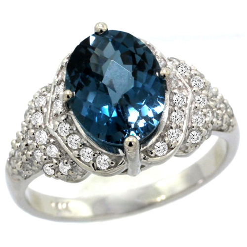14k White Gold Natural London Blue Topaz Ring Diamond Halo Oval 10x8mm, 1/2 inch wide, size 5
