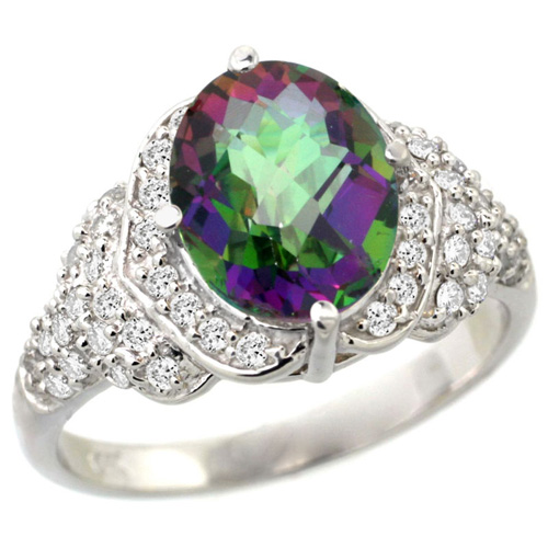 14k White Gold Natural Mystic Topaz Ring Diamond Halo Oval 10x8mm, 1/2 inch wide, size 5