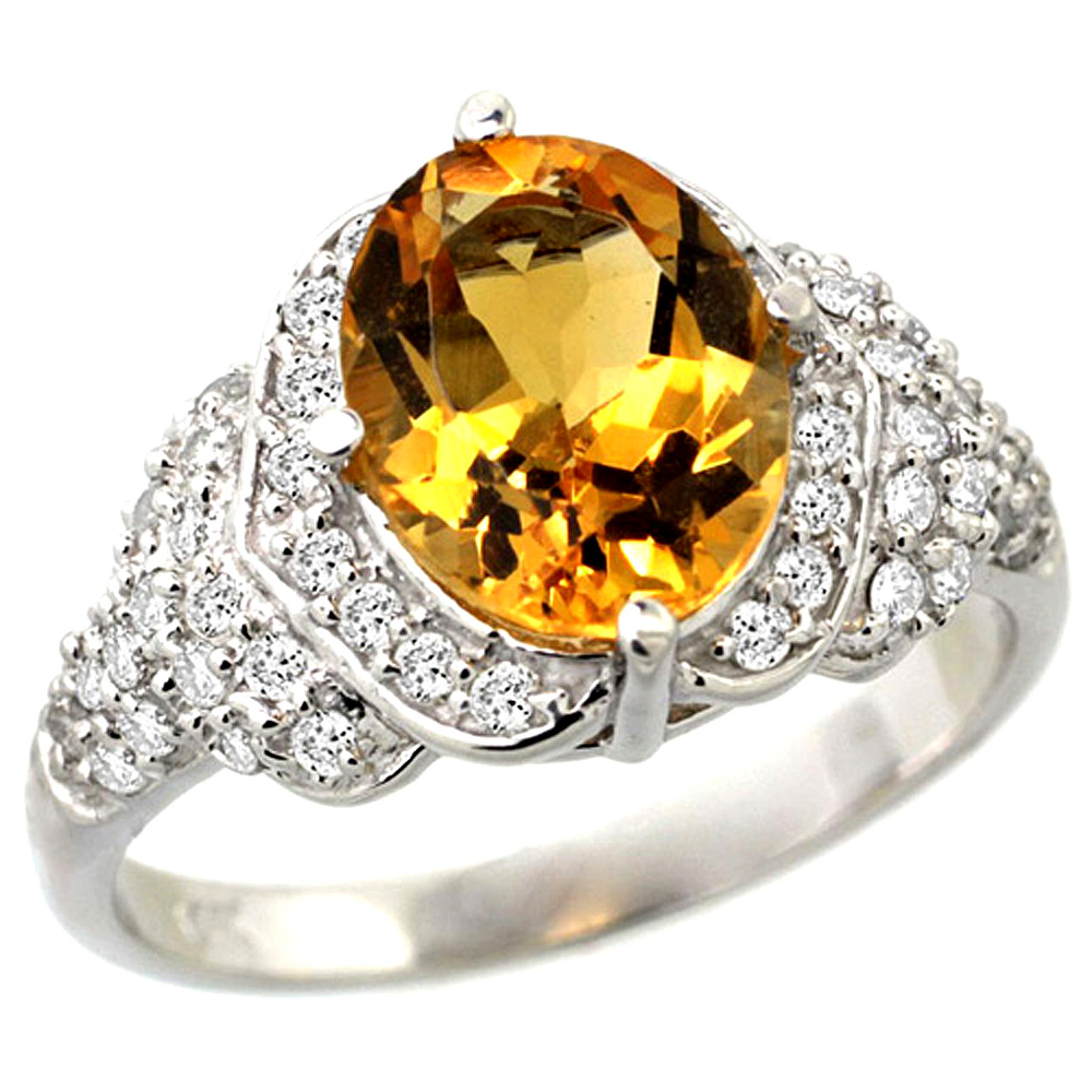 14K GOLD NATURAL CITRINE RING 10X8 MM OVAL SHAPE DIAMOND HALO, 1/2 INCH WIDE