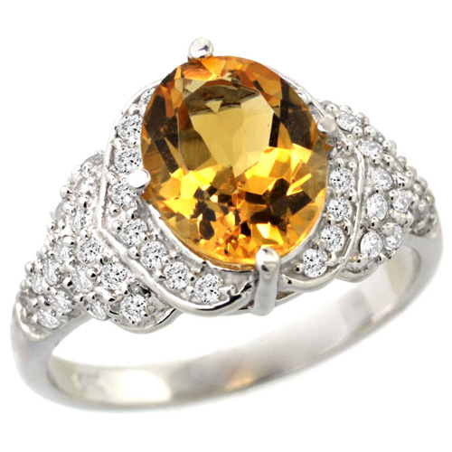 14k White Gold Natural Citrine Ring Diamond Halo Oval 10x8mm, 1/2 inch wide, size 5