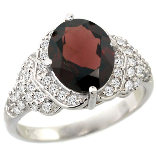 14k White Gold Natural Garnet Ring Diamond Halo Oval 10x8mm, 1/2 inch wide, size 5