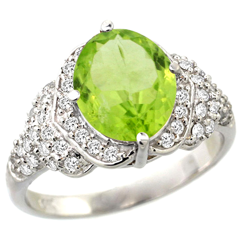 14K GOLD NATURAL PERIDOT RING 10X8 MM OVAL SHAPE DIAMOND HALO, 1/2 INCH WIDE