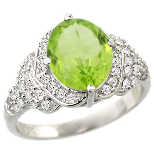 14k White Gold Natural Peridot Ring Diamond Halo Oval 10x8mm, 1/2 inch wide, size 5