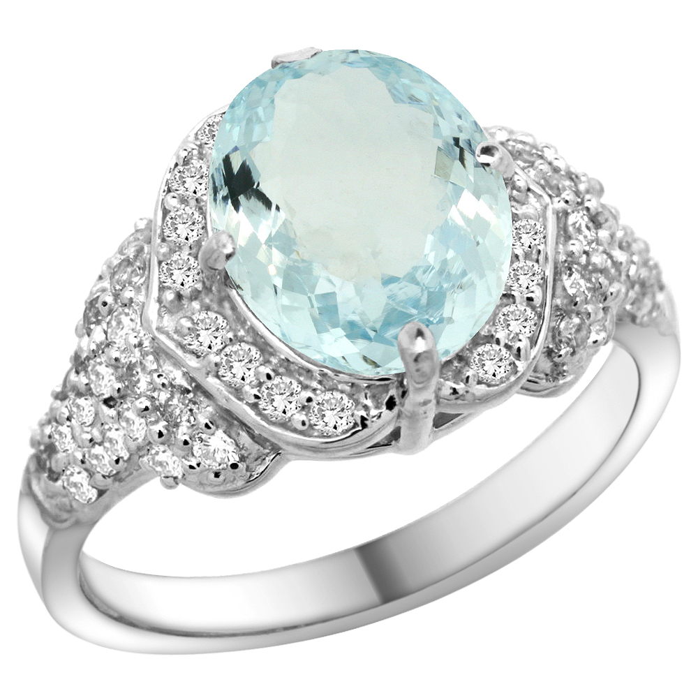 14K WHITE GOLD NATURAL AQUAMARINE RING DIAMOND HALO OVAL 10X8MM, 1/2 INCH WIDE, SIZE 5