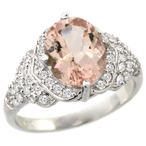 14k White Gold Natural Morganite Ring Diamond Halo Oval 10x8mm, 1/2 inch wide, size 5
