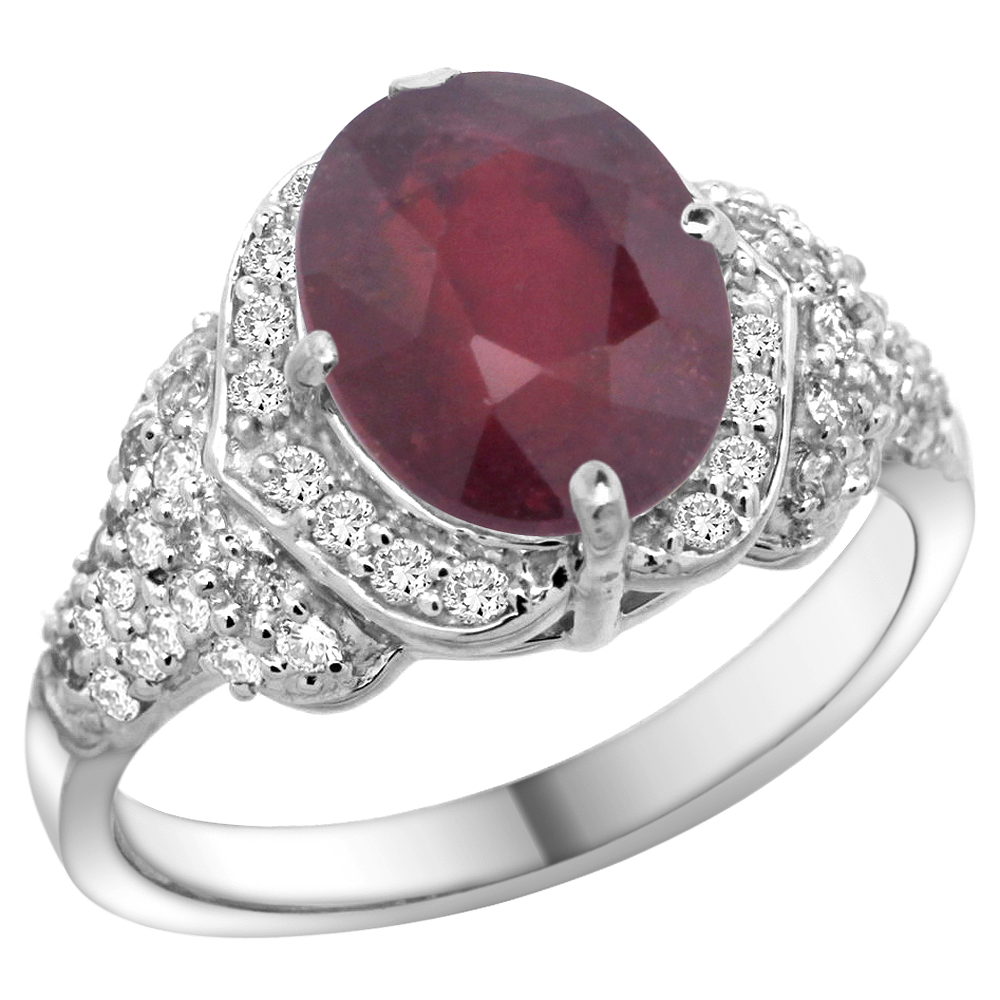 14K WHITE GOLD NATURAL ENHANCED RUBY RING DIAMOND HALO OVAL 10X8MM, 1/2 INCH WIDE, SIZE 5