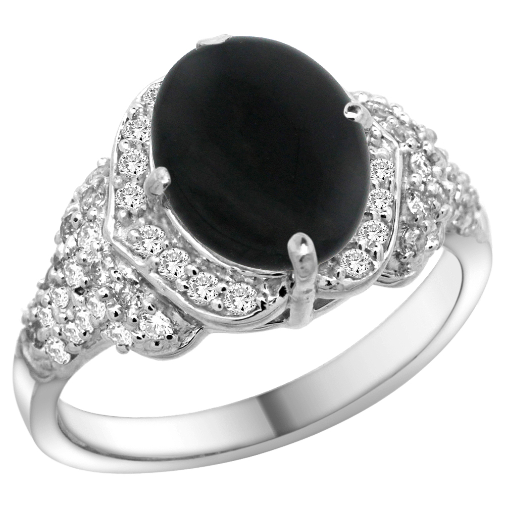 14K WHITE GOLD NATURAL BLACK ONYX RING DIAMOND HALO OVAL 10X8MM, 1/2 INCH WIDE, SIZE 5