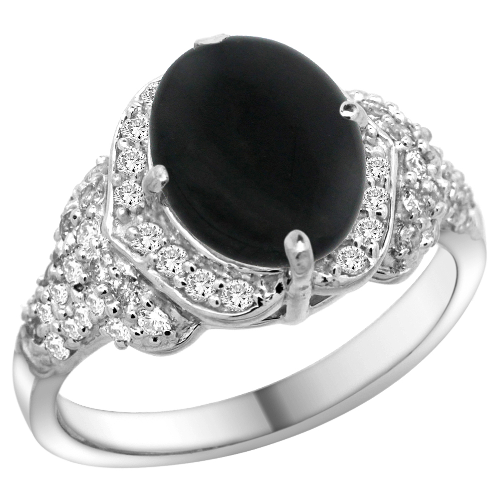 14k White Gold Natural Black Onyx Ring Diamond Halo Oval 10x8mm, 1/2 inch wide, size 5