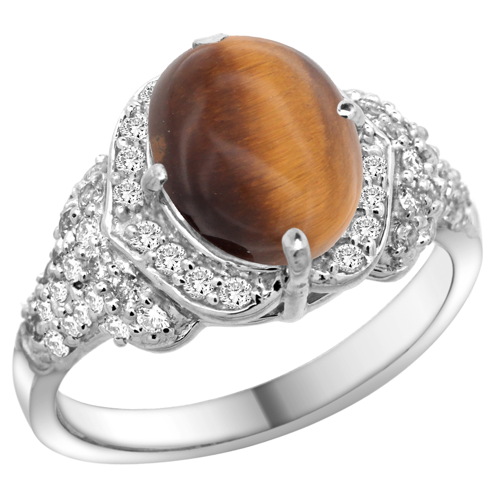 14K WHITE GOLD NATURAL TIGER EYE RING DIAMOND HALO OVAL 10X8MM, 1/2 INCH WIDE, SIZE 5