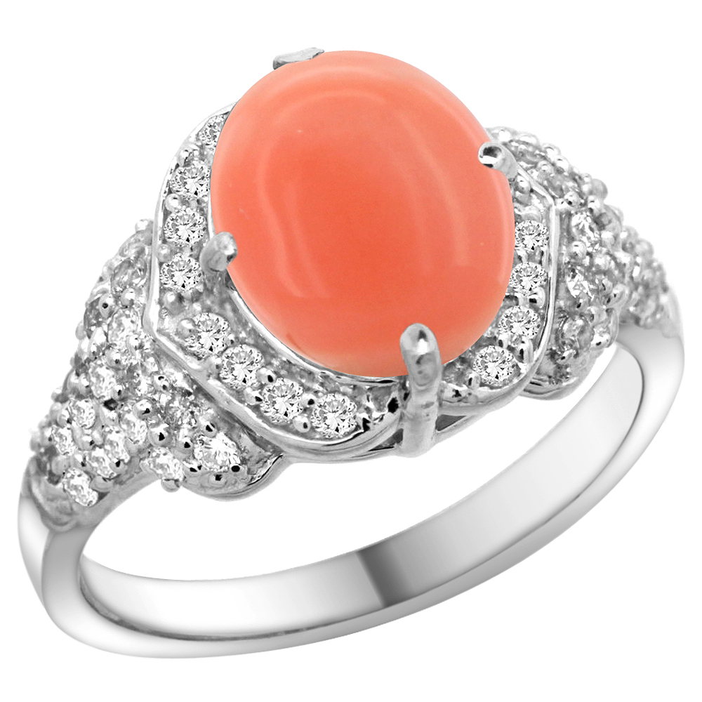 14k White Gold Natural Coral Ring Diamond Halo Oval 10x8mm, 1/2 inch wide, size 5
