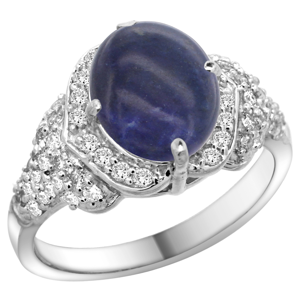 14k White Gold Natural Lapis Ring Diamond Halo Oval 10x8mm, 1/2 inch wide, size 5