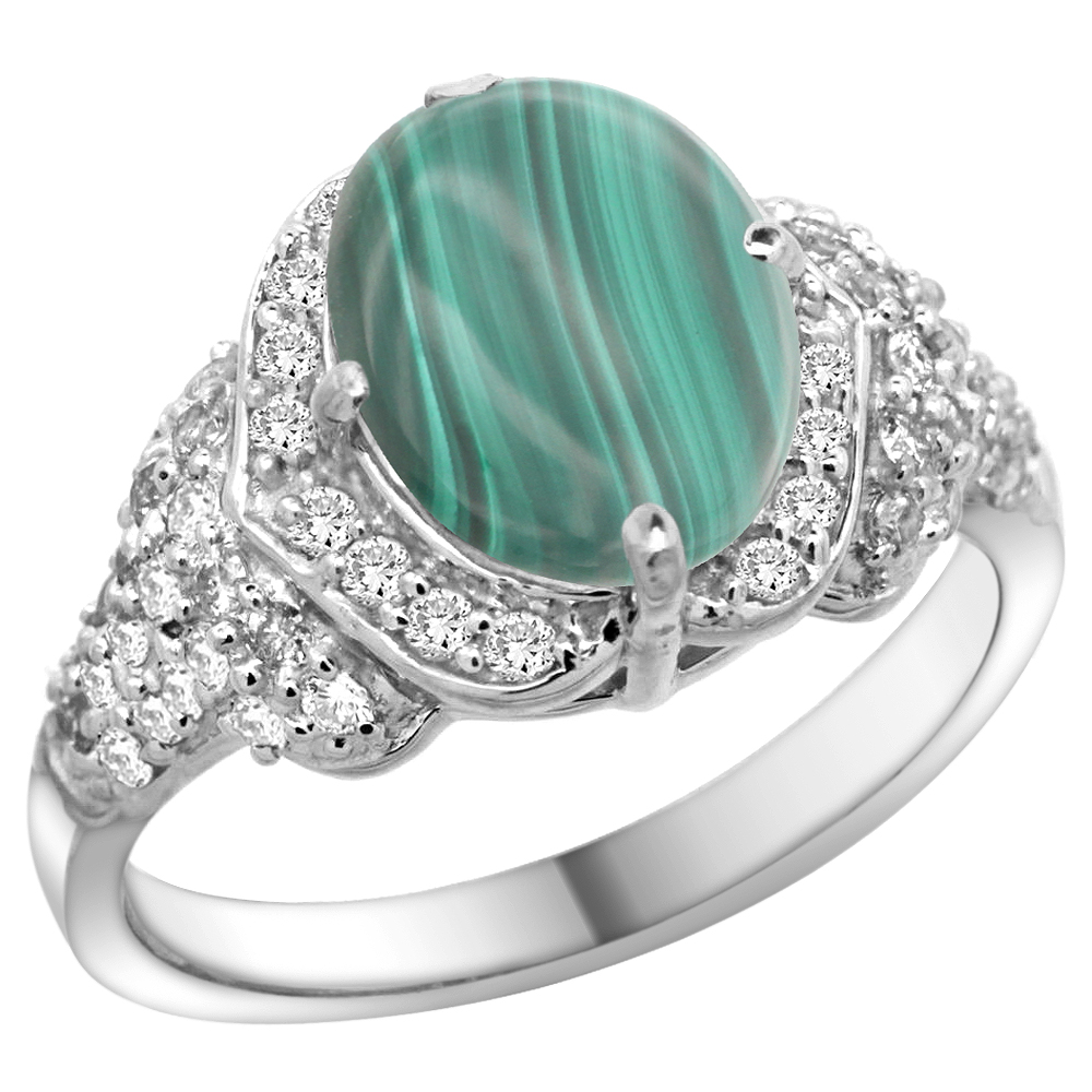 14k White Gold Natural Malachite Ring Diamond Halo Oval 10x8mm, 1/2 inch wide, size 5