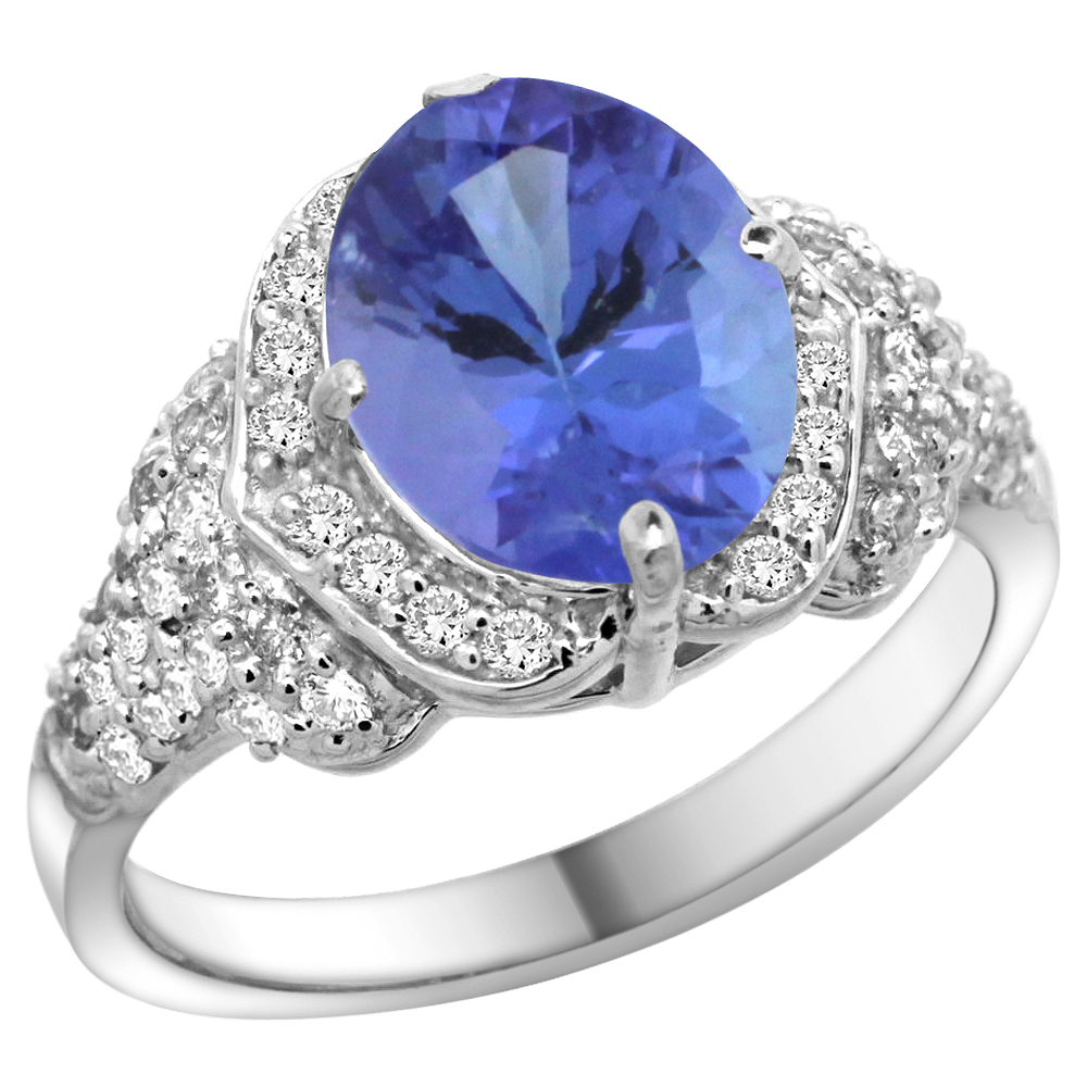 14K WHITE GOLD NATURAL TANZANITE RING DIAMOND HALO OVAL 10X8MM, 1/2 INCH WIDE, SIZE 5