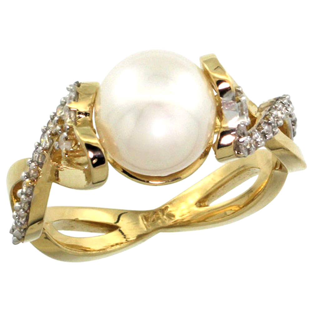 14K YELLOW GOLD INFINITY RING WITH 0.32 CTTW DIAMONDS & 9MM WHITE PEARL, 3/8 INCH WIDE