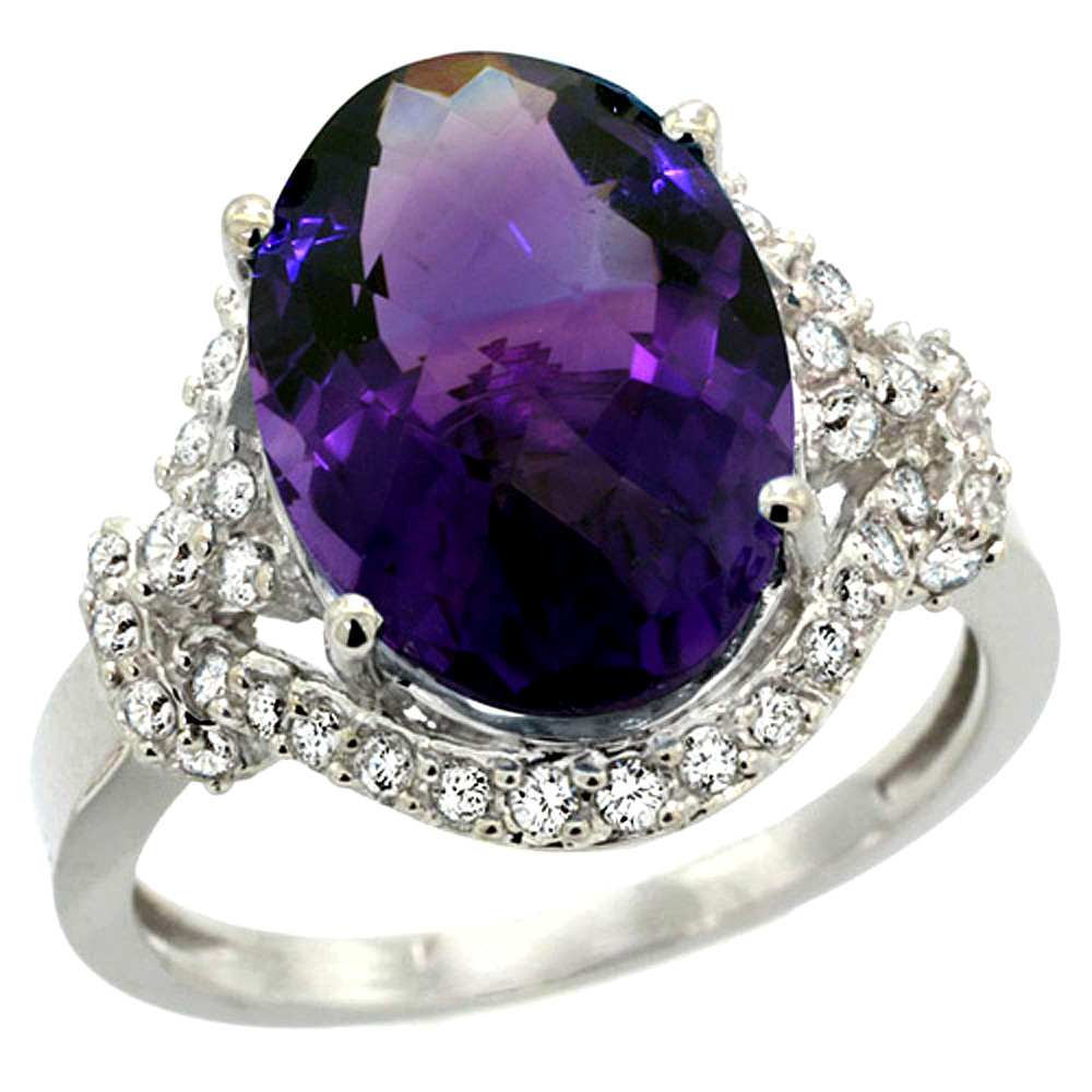 14K WHITE GOLD NATURAL AMETHYST RING DIAMOND HALO OVAL 14X10MM, 3/4 INCH WIDE, SIZES 5 - 10