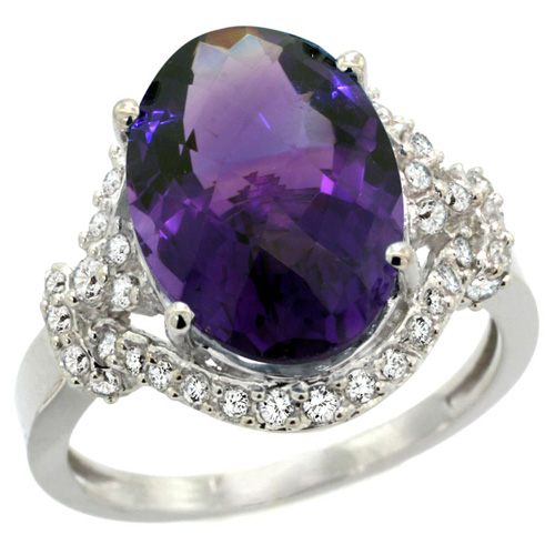 14k White Gold Natural Amethyst Ring Diamond Halo Oval 14x10mm, 3/4 inch wide, sizes 5 - 10 