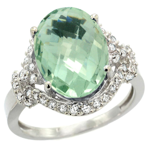 14k White Gold Natural Green Amethyst Ring Diamond Halo Oval 14x10mm, 3/4 inch wide, sizes 5 - 10 