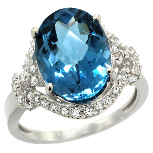 14k White Gold Natural Swiss Blue Topaz Ring Diamond Halo Oval 14x10mm, 3/4 inch wide, sizes 5 - 10 