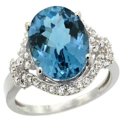 14k White Gold Natural London Blue Topaz Ring Diamond Halo Oval 14x10mm, 3/4 inch wide, sizes 5 - 10 