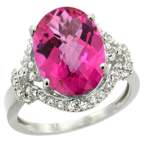 14k White Gold Natural Pink Topaz Ring Diamond Halo Oval 14x10mm, 3/4 inch wide, sizes 5 - 10 