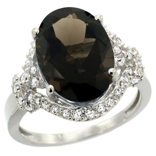 14k White Gold Natural Smoky Topaz Ring Diamond Halo Oval 14x10mm, 3/4 inch wide, sizes 5 - 10 