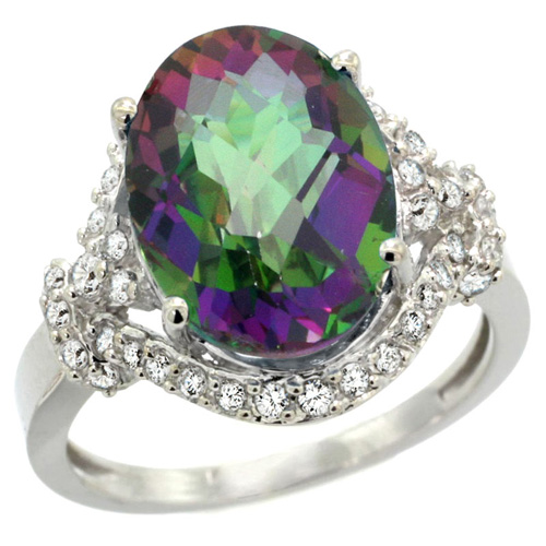 14k White Gold Natural Mystic Topaz Ring Diamond Halo Oval 14x10mm, 3/4 inch wide, sizes 5 - 10 